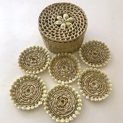$19.99 • Buy Rattan Straw Cowrie Shell Coaster Set (6) Six With Matching Basket With Lid EUC