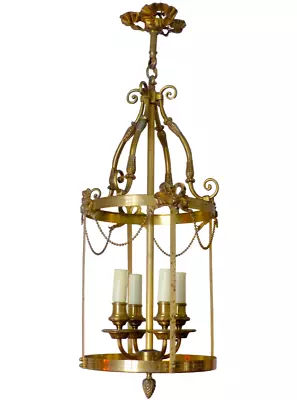 Gorgeous Larg Vintage Hall Lantern Chandelier Gilded Bronze Brass Ceiling Ribbon • £593.71