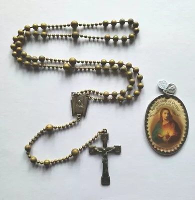 Vtg Antique WWII Brass Metal Pull Chain Beads Military Rosary Medal Crucifix  • $42