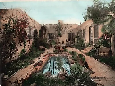 Vintage Hand Tinted Photograph 1940s California Courtyard 8-1/4 X11-5/8   • $100