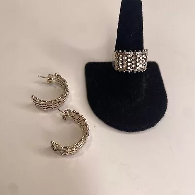 RARE Vintage Milor Italy 925 Silver Mesh Ring & Hoop Earrings Set HTF • $150