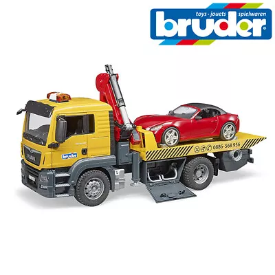 Bruder Toys 03750 MAN Flatbed Tow Truck Crane & Roadster Car With Light & Sound • $232.43