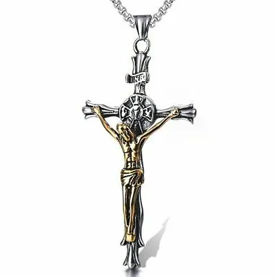 Mens Catholic Jesus Christ Crucifix Cross Necklace Pendant Gold Silver Gift • £10.79