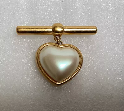 Vintage Monet Goldtone Faux Pearl Drop Heart Bar Brooch Pin • $11.95