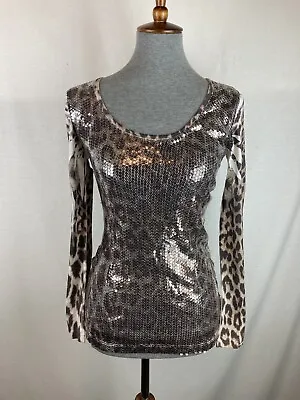 $11 • Buy Cache Women's XS Long Sleeve Blouse Sequin Front Leopard Print Scoop Neck