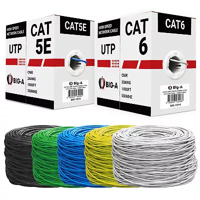 Cat5e Cat6 Cable 1000ft Solid 4 Pair Bulk Cat 5 Cat 6 Ethernet Cable (UTP CMR) • $39.99