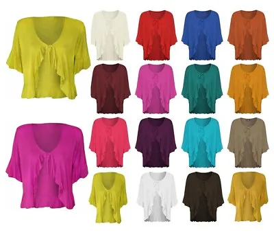 Ladies Tie Up Front Bolero Shrug Womens Short Sleeves Frill Shirt Plain Cropped • £6.89