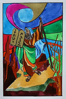 Sami Zilkha Original Monotype Watercolor  Moses & The Tablets  Jewish Religious • $149