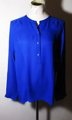 Women's VINCE Blue 100% Silk Button V-Neck Long Sleeve Blouse Size L NWOT • $52