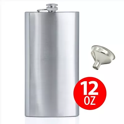 12oz Flask Stainless Steel Attached Screw Cap Hip Pocket Liquor Whiskey + Funnel • $10.99