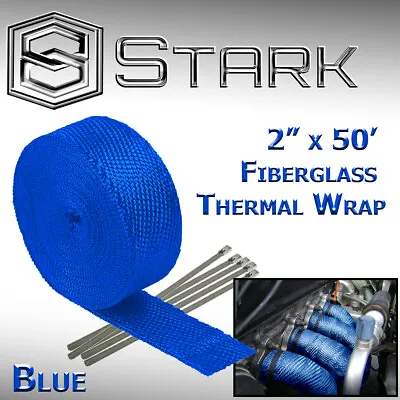2  X 50FT Exhaust Header Fiberglass Heat Wrap Tape W/ 5 Steel Ties - Blue (H) • $24.79