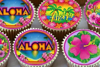 24 X HAWAII HAWAIIAN ALOHA LUAU THEMED EDIBLE CUPCAKE TOPPERS RICE PAPER CAKE • £2.99