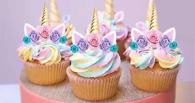 24x Mini Unicorn Gold Horn Pink Lilac Blue Rose Edible Cupcake Cake Toppers • $6.99