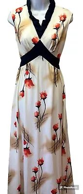 Vintage 70s Women's 12 Ivory Floral Maxi Boho Empire Waist Tie Back Ruffled Neck • $72.14