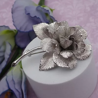 Vintage Monet Single Rose Thorny Stem Silver Tone High Relief Pin Brooch • $34.95