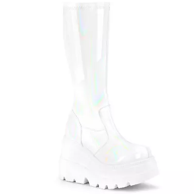 DEMONIA SHA65/WHG Women's Gothic Punk Wedge Platform White Hologram Knee Boots • $97.95