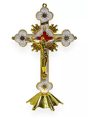 Jesus Christ On Cross Gold Tone 8  Standing Crucifix White Inlay Crucifijo New • $18.99