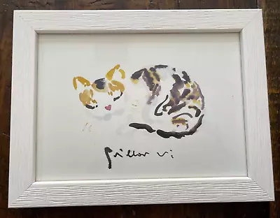 Signed Watercolor Painting Cat 6 X 8  With Heart Shaped Nose Framed White Calico • $48.50