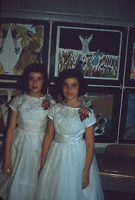 1960s Indoor Portrait Two Girls White Party Dresses Vintage 35mm Slide • $7