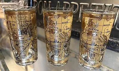 Cera 22K Gold World Map Atlas Highball Glasses Barware MCM Tumblers 3 PC • $69.99