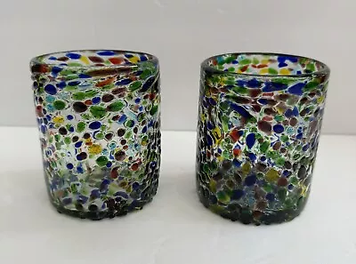 Hand Blown Mexican Pebbled Confetti Rocks Glasses Tumblers 4”  ~ Set Of 2 • $14.99