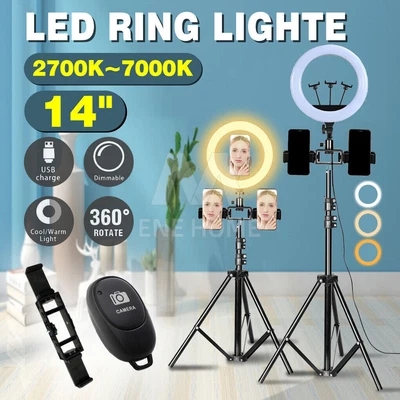 $5.99 • Buy 14 LED Ring Light 6000K 3 Colour Dimmable Stand Tripod Phone Holder Studio Video
