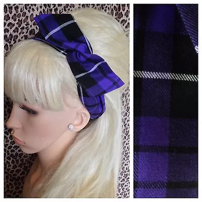 Purple Black Tartan Check Bendy Fabric Hair Wrap Wired Bow Scarf Headband Retro • £4.99