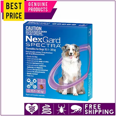 NEXGARD SPECTRA Heartworm Flea Control For Dogs 15 To 30 Kg PURPLE 3612 Doses • $81.95