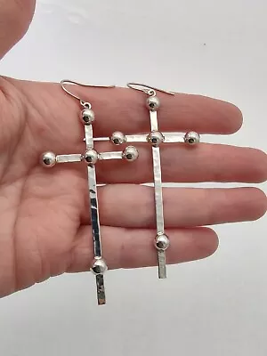 Long Hammered Sterling Silver Earrings Bead Cross Dangle • $55