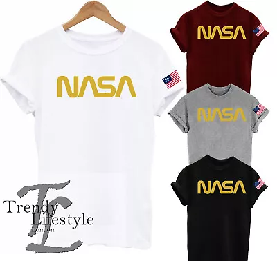 Nasa Space Word Logo In Gold  Astronaut Print  American Usa Flag Unisex T-shirt • £9.99