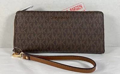 Michael Kors Jet Set Brown Mk Signature Large Travel Continental Wallet Wristlet • $76.98