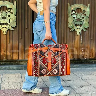 Victorian Carpet Havan Leather Weekender Bag - Kilim Travel Mary Poppins Style • $155.99