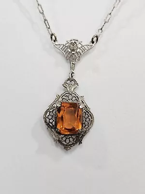 Antique Sterling Silver Citrine GLASS Art Deco Pendant Necklace • $49.99