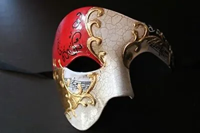 Quality Red & Gold Half Face Phantom   Opera Musical Notes Masquerade Mask  • £17.99