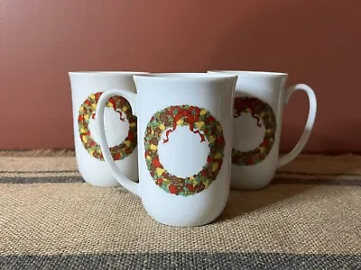 3 Vintage Made In Japan Cream White Christmas Mugs With Wreath Decor • $9.99