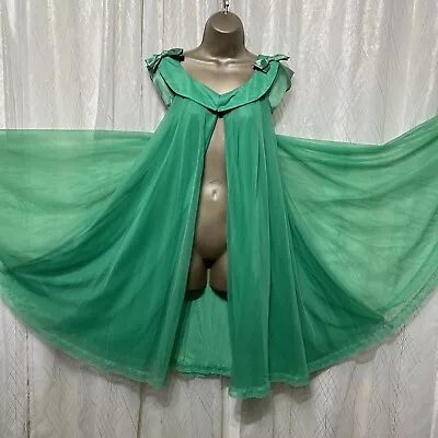 VTG S M LUCIE ANN ROBE Peignoir Of Nightgown Irish Grn Bow Twirly Nylon Chiffon • $129.99