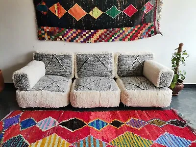 Moroccan Handmade Floor Couch - Unstuffed Wool Grey Sofa Covers + Pillow Cases • $746.30