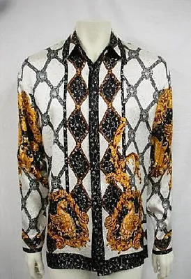 Vintage Men Mikano Black Metallic Silk Shirt Style Chessboard 1038 Lrg.beautiful • $399.99
