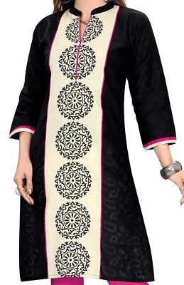  Women Black Ethnic Pakistani Printed Shirt Kurta Cotton Kurti Tunic 380 UK • £10.98