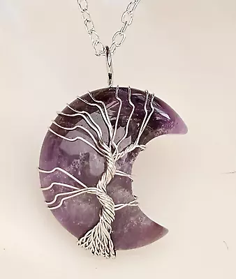 Tree Of Life Amethyst Moon Pendant 20  Necklace Crescent Wire Wrapped Jewellery • £6.49