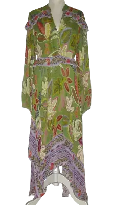 NWT FARM RIO Women CHIFFON Wild JUNGLE Green Handkerchief MIDI Dress L MSRP$280 • $189.99