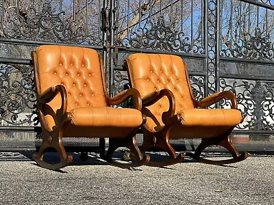 1940s Vintage Chesterfield Tufted Leather French Rocking Chairs And Ottomans • $7850