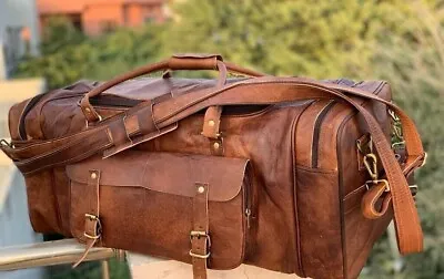 Men's 30  Genuine Vintage Leather Brown Luggage Weekend Duffel Gym Travel Bag • $57.34