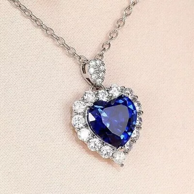 2Ct Heart Lab-Created Sapphire Halo Heart Pendant 14K White Gold Plated Sliver • $74.40