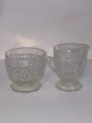 Vintage 2 Piece Indiana Glass Clear Diamond Point Sugar Dish Creamer Pour • $12