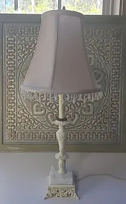 Vintage Cast Iron And Marble Table Lamp With Beaded Shade Shabby Chic Cottage • $47.95