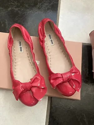 NIB 100% AUTH Miu Miu Fuxia Patent Leather Bow Flats Sz 36 • $298