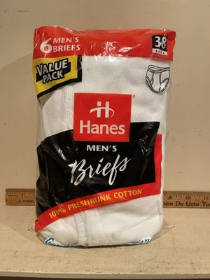$9.99 • Buy Vintage NOS 1997 Hanes Mens Briefs 6 Pack Size 38 White Underwear Sealed Package