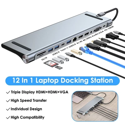 $72.99 • Buy 12 In 1 Laptop Docking Station Type-C HUB HDMI 4K USB 3.0 VGA PD SD /TF Adapter