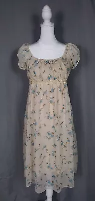 Vintage Womens Dress Blue Ditsy Floral Beige Puff Sleeve Square Neck Midi S M • $27.97